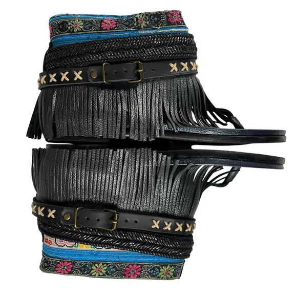 Emonk Ibiza Handmade One of a Kind Boho Fringe Sandal Black Multicolor Size 39